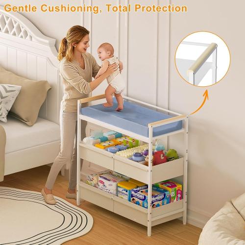 Cidaziya Baby Changing Table with Safety Bumper, Sturdy Diaper Change Station with Adjustable Devider in Large Storage Bin, Nursery Dresser for for Cloth Change, Baby Furniture Diaper Organizer,White
