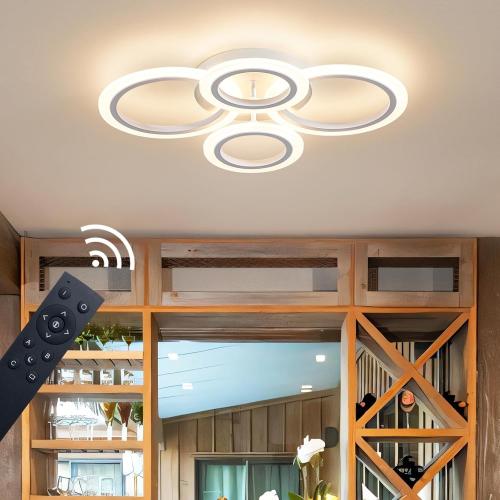 34W LED Ceiling Light with Remote, 3000-6000K Dimmable Modern Flush Mount Ceiling Lighting Fixture White 4 Rings Round Chandelier Ceiling Lamp for Small Room, Bedroom
