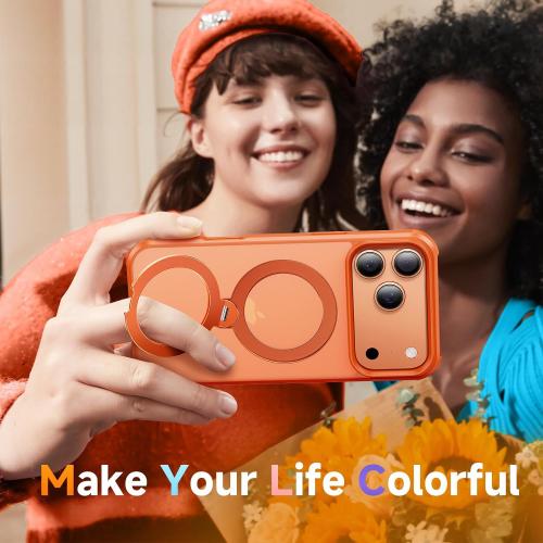 360 Spin Magnetic Stand (Pro-Version) for iPhone 17 Pro Case (Compatible with MagSafe) [Military Drop Protection] Matte Translucent Shockproof Protective Phone Case 6.3'', Cosmic Orange