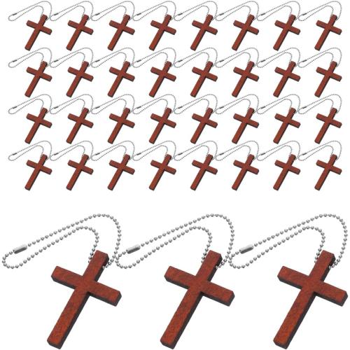 Cabilock Wood Pocket Cross Charms, 50Pcs Wooden Crosses Pendants with Chains, Crucifix for Church Praying Easter Christian Present, Crafts for DIY Necklace Keychains