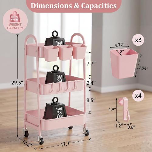 danpinera 3-Tier Rolling Cart, Utility Cart Mobile Metal Rolling Storage Cart with Lockable Wheels & Hanging Cups & Hooks for Kitchen, Bathroom, Office, Workshop, Pink