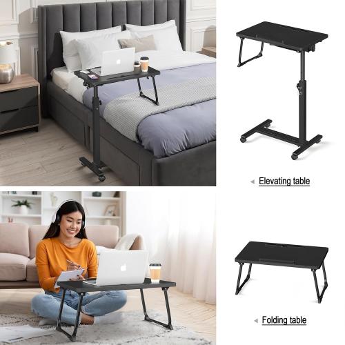 Black Adjustable Overbed Bedside Table, Hospital Bed Table with Wheels, Portable Rolling Desk, Mobile Small Standing Desk, Rolling Laptop Stand, Computer Cart
