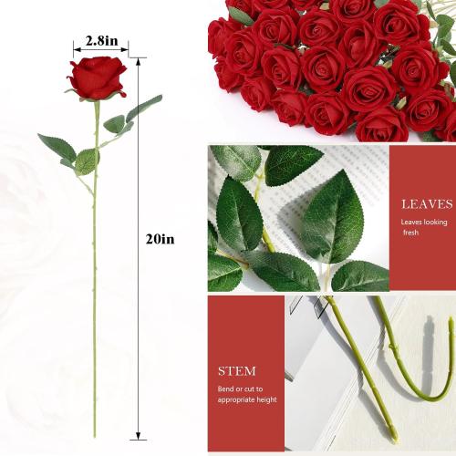 60 Pcs Artificial Roses Bulk Velvet Silk Roses Red Rose Flowers for Wedding Centerpieces Bridal Bouquet Mohter's Day Valentine's Day Christmas Home Decor (60, Red)