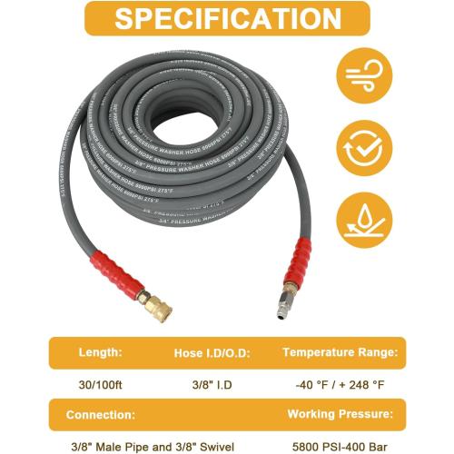 OCPTY Hot Water Pressure Washer Hose 3/8 x 100ft 6000 psi Non-Marking 2-Braid R2 Gray