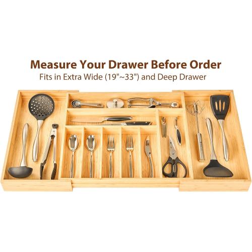 Umilife Extra Large Expandable Kitchen Siverware Utensils Drawer Organizer, 19 Deep for Big Drawer, Adjustable Bamboo Wood Drawer Divider with Curved Grooves, Cutlery Tray Flatware Holder