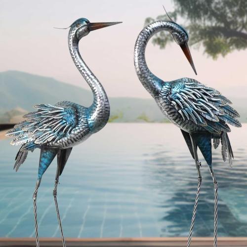 Outdoor Crane Garden Statues, Blue Heron Garden Statues | Large Metal Cranes for Yard, Lawn, Patio, Pond, Set of 2