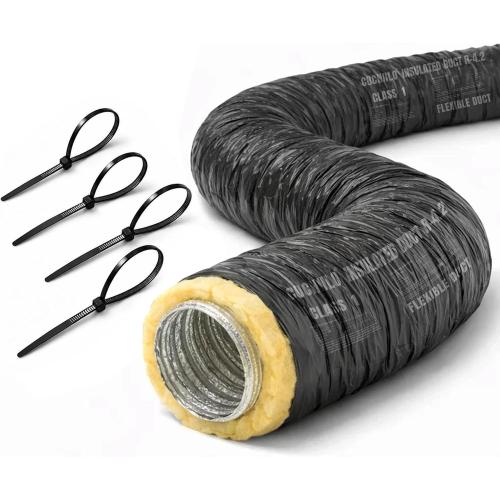 4 Inch Insulated Flexible Duct 25 FT, R4 HVAC Flex Duct with Black Jacket, Owens Corning Fiberglass Insulation, Aluminum Foil Core for Ventilation & Exhaust