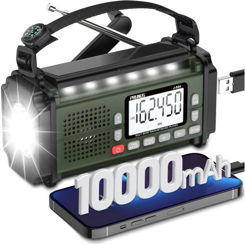 PRUNUS J-924 10000mAh/37000mWh Hand Crank Radio, AAA Batteries Powered Emergency Radio Solar, NOAA Weather Radio AM/FM/SW, USB Charging, Torch& Reading Light, SOS Alarm, Power Bank