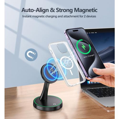 Magnetic Wireless Charger Stand 15W Fast Mag-Safe Charger for iPhone 17/17 pro/ 17 Air/ 17 pro max 16/15/14/13/12 Series Magnet Wireless Charging Station/Pad with Sleep-Friendly Light for AirPods