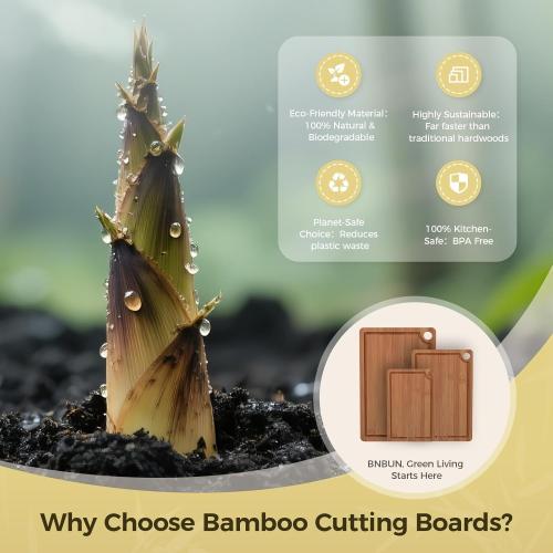 Bamboo Cutting Board for Kitchen, 3-Piece Set with Juice Grooves, Side Handles & Non-Slip Mats – Durable Bamboo Chopping Board for Meat, Vegetables and Fruits