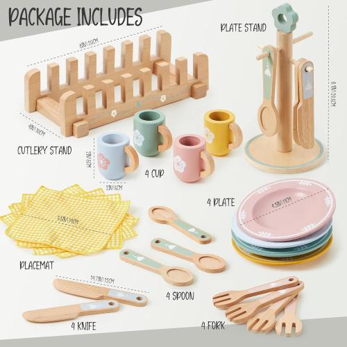Toyssa Wooden Play Kitchen Accessories Montessori Toys for Toddlers 3-5, Play Dishes for Kids Kitchen with Realistic Dishes & Plates & Tableware, Christmas Birthday Gifts for 3 4 5 6 Years Girls Boys