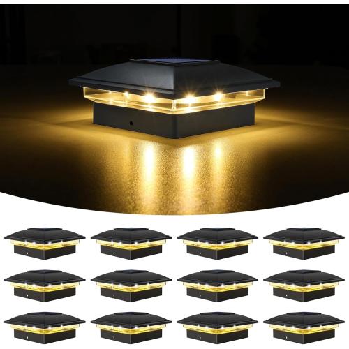 VOLISUN Solar Post Cap Light Outdoor Waterproof 12pack,Solar Fence - Post Lights for 4x4 5x5 6x6 Wooden/Vinyl Post,Black Deck Post Cap Light Solar Powered with Warm White for Garden/Patio/Porch