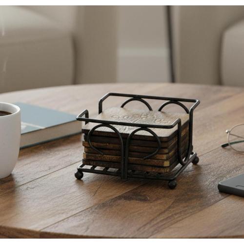 StonKraft Wooden Tea Coffee Coasters/Rustic Vintage Look Coasters Set with Wrought Iron Holder