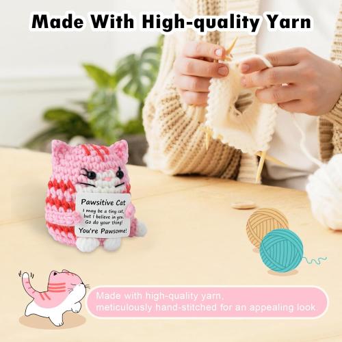 Positive Crochet Cat Mini Animal Emotional Cheer Up Support Gifts, Inspirational Crochet Handmade Kitten for Women Men Friends Mom Daughter Son Teen Birthday Mothers Day Decor Graduation Gift (Pink)