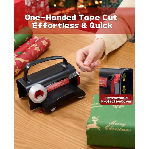 2-Pack Wrapping Paper Cutter with Wheels & Tape Dispenser - Gift Wrap Tool Kit with Replaceable Blades for Christmas, Birthday - Safe, Efficient, and Precise Cutting