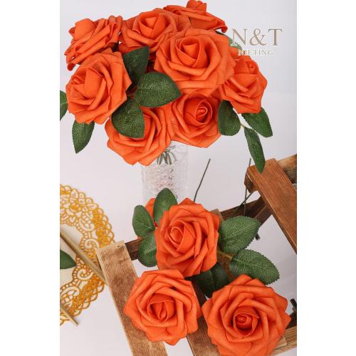 N&T NIETING Artificial Flowers, Fake Flowers Burnt Orange Roses Perfect for DIY Wedding Bridal Bouquets Centerpieces Bridal Shower Party Home Fall Flower Arrangement Decorations, 50Pcs