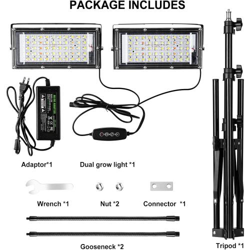 LBW Grow Light for Indoor Plants, Dual Heads Full Spectrum LED, Auto On/Off Timer, 6 Dimmable Levels, 3 Switch Modes, Adjustable Tripod Stand 15-63 inches