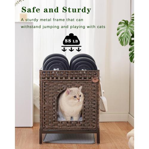 SETVSON Cat Litter Box Enclosure Hidden Litter Box Furniture with Metal Heightened Feet, Rattan Handwoven Cat House with Litter Mat, Hidden Litter Box Furniture for Bedroom Living Room Brown