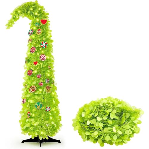 Syhood Whimsical Christmas Tree 5ft Bendable Pop up Collapsible 1 Minute Christmas Tree with 36 Wooden Ornaments for Indoor Outdoor Home Office Holiday Xmas Party Decor Supply
