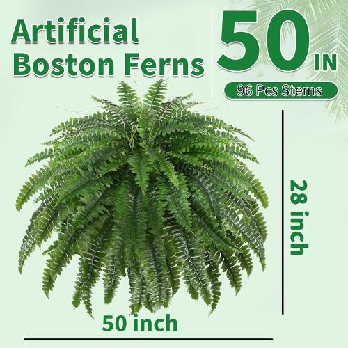 50 Fake Ferns with 96 Fronds & Ground Spike, Realistic Artificial Ferns for Outdoors, Artificial Boston Ferns for Outdoor Large Faux Plants for Porch Garden Home Office Decor