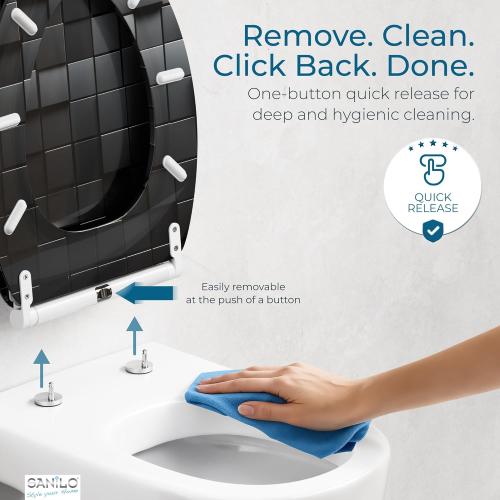 Sanilo Wooden Toilet Seat with Quick Release & Soft Close [ELONGATED] - Decorative & Slow Close Molded Wood Seat - With One Click for Easy Installation & Cleaning - With Adjustable Fit (Cube)