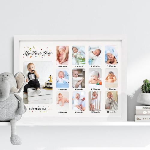 GMFrames Baby First Years Photo Frames 12 Month Picture Frame 12 * 16 for Holds (1) 5x7 & (12) 2x3 Wallet Size Photos White