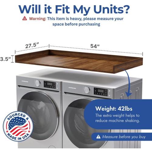 OfficeSimpli Washer Dryer Countertop, Made in USA, Non-Slip Pads, Laundry Room Wood Topper, Washer Dryer Cover for Top, Laundry Guard, Laundry Countertop (California Walnut, Standard (27.5 x 54))