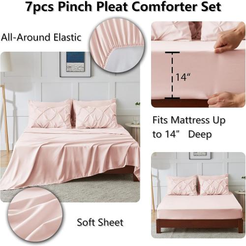 Pink 82x86 Full Comforter Set 7 Pieces Bed in A Bag Pink Luxury Soft Full Size Bed Set Pintuck Pinch Pleat Bedding Sets with Comforter, Flat Sheet, Fitted Sheet and Pillowcases & Shams