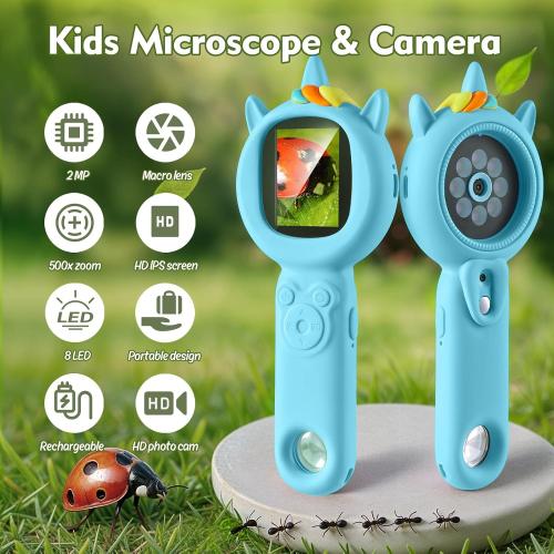 Kids Microscope- 500x Magnification,16X Zoom,Handheld Microscope for Kids with HD Cam,Portable Science Learning Tool,Christmas Birthday Gifts for Boys Girls Aged 3-12 （Blue）