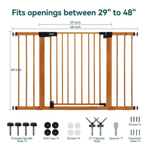Babelio 29-48 Metal Baby Gate with Brown Wood Pattern, Auto Close Dog Gate PressGuard P7 for The House, Stairs and Doorways, Pressure Mounted Pet Gate with Door, Safety Gate for Child and Pets