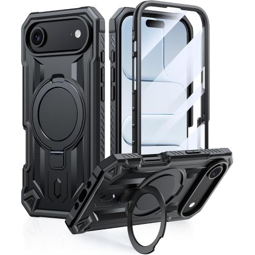 FNTCASE for iPhone Air Phone Case: Magnetic Phone Cases with [Ring Kickstand] [Built-in Screen Protector] [Heavy Duty Military Grade Protection] Drop Proof Rugged Protective Hard Cases Black