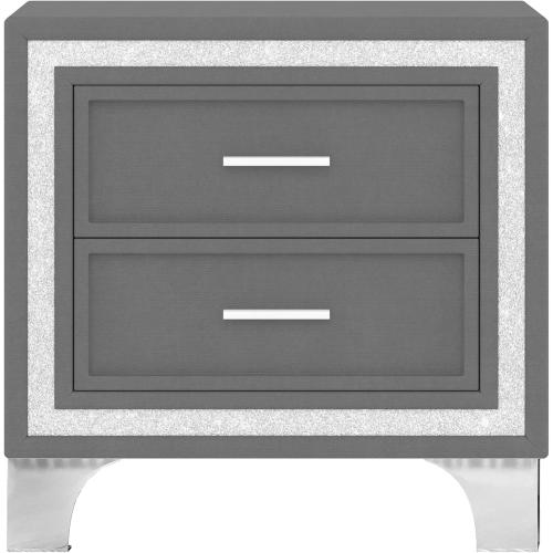 Mid Century Vintage Nightstand with Silver Glitter Strip, Gray Velvet Bedside Table with 2 Drawers and Metal Legs