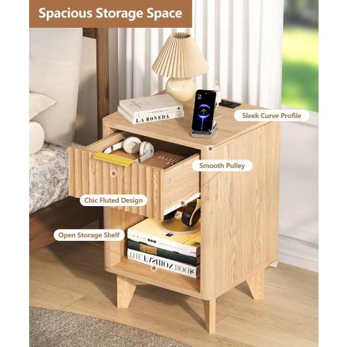 Fluted Nightstand Set of 2, Wooden Night Stand with Charging Station and LED Light, Modern Mid Century End Table with Drawer, Bedside Table for Bedroom, Natural Oak