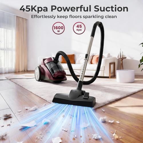 Canister Vacuum Cleaner, 45Kpa 1600W Bagless Canister Vacuum, 4Qt Large Dust Cup, Variable Speed Control, 5 Tools, Lightweight Canister Vacuum for Home, Pet, Carpet, Hard Floor, Red