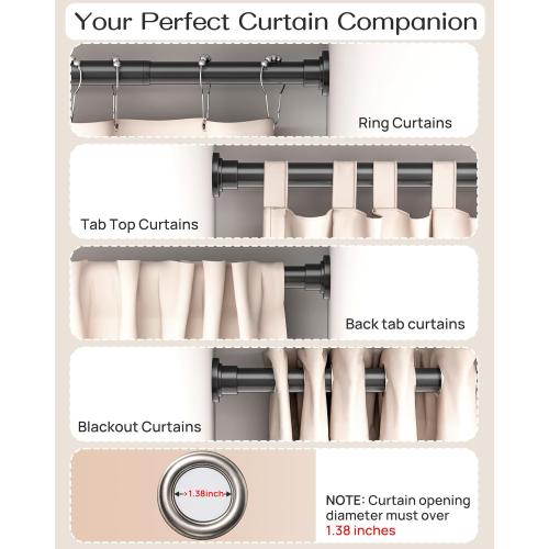 Tension Curtain Rod by EZFurni, 82 to 123 Inch Adjustable, No Drill Curtain Rods for Windows, Heavy Duty Tension Rod for Window Treatment, Room Divider with Blackout Curtains, Renter Friendly, Black