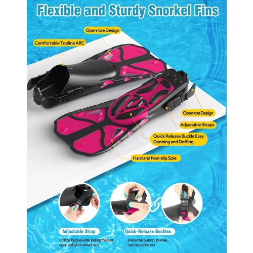 Color Pink Snorkel Set with Fins for Adults, Snorkeling Gear for Adults Men and Women, Snorkle, Mask Set Adults Dry Top Snorkel Mask Combo Set with Travel Bag for Snorkeling, Diving, Swimming