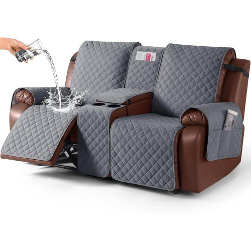 KinCam 100% Waterproof Recliner Loveseat Cover with Console, Non-Slip Reclining Couch Covers for 2 Seat, Recliner Sofa Cover Furniture Protector with Elastic Straps for Kids, Pets, Dark Gray