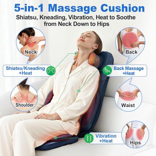 Shiatsu Massage Cushion for Neck and Back with Heat - 4D Kneading, Vibration for Relief Muscle Tension, Dual-Neck Design, Adjustable Intensity and Height for Office Chair, Home Use, Navy Blue