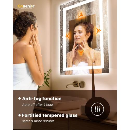 Ensenior LED Bathroom Mirror 30x 36 with Front and Backlight, Stepless Dimmable Wall Mirrors with Anti-Fog, Shatter-Proof, Memory, 3 Colors, Modern LED Vanity Mirror-FCC