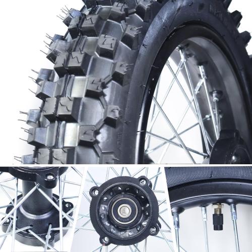 3.00-12 80/100-12 Dirt Bike Rear Rim Wheel Tire With 12mm Bearing for 50cc 110cc 125cc SSR125 TTR90 TTR110 PW80 CRF70 XR70 KX65 KLX110 RM65 Apollo TaoTao DB14 Coolster Pit Bike Motorcycle