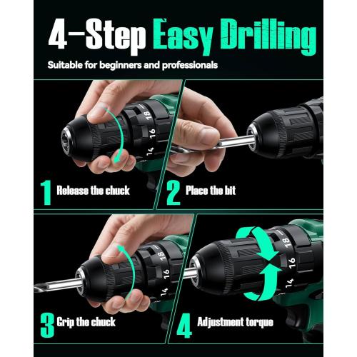 KIMO 20V Cordless Drill Set with 2 Packs 2.0Ah Battery, Max 350 In-lb Torque, 1350 RPM, 3/8 Keyless Chuck, 18 2 Clutch Setting, 18pcs Accessories, Power Drill for Drilling Wood Bricks Walls Metal