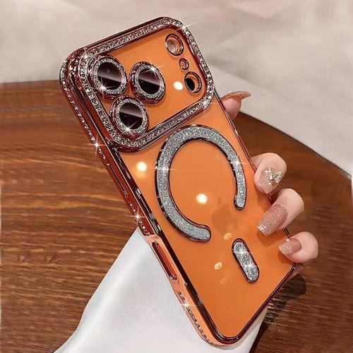 QSIETSPY Magnetic Case for iPhone 17 Pro Max 6.9[Compatible with MagSafe] with Sparkle Diamond Camera Protection Shockproof Clear Cute Glitter Bling Phone Case for iPhone 17 ProMax,Orange