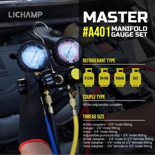 Lichamp HVAC Gauges with Hoses, AC Manifold Gauge Set R134A R410A R404A R22 Refrigerant Gauges
