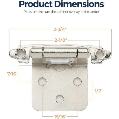 Ravinte 30 Pack (15 Pairs) 1/2 inch Overlay Cabinet Hinges, Self-Closing Semi-Concealed Face Mount, Satin Nickel Decorative Hardware with Door Bumpers for Kitchen & Cupboard Doors, Silver
