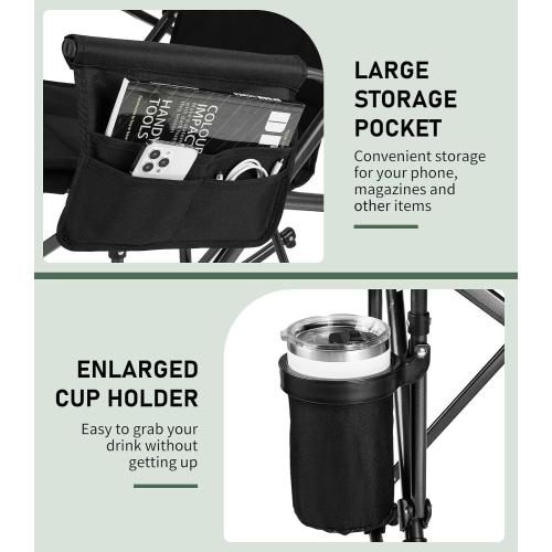 Folding Rocking Chair Supports 440 LBS, Outdoor Folding Chair, Rocking Camping Chairs with Cup Holder & Side Pocket, Padded Outdoor Chairs for Patio Lawn Garden Yard (Black)