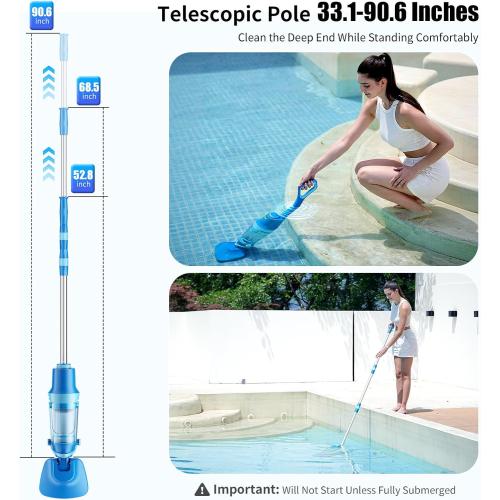 Cordless Pool Vacuum for Inground & Above Ground Pools: 23.8 GPM Powerful Stable Suction, Telescopic Pole up to 90.6, 60-Min Runtime, Extra-Large Filter & Rechargeable Pool Cleaner for Spas/Hot Tubs