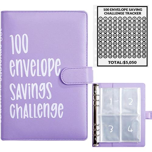 100 Envelopes Money Saving Challenge, 100 Envelope Challenge Binder, Easy and Fun Way to Save $5,050, Savings Challenges Budget Book Binder with Cash Envelopes for Office,Home,School (purple)