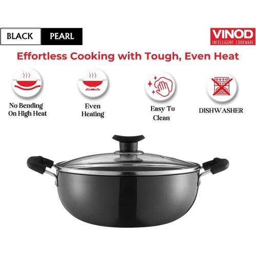 Vinod Black Pearl Hard Anodized Deep Kadhai with Glass Lid – Black - 3.1 Liters (3.2 Quarts) – 24cm – Riveted Handles - Multi-Use Pot/ Wok - Suitable For Indian Cooking, Sauces, Pasta, Stews, Soups‼️missing glass lid‼️