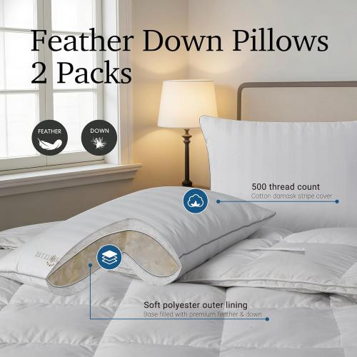Hotel Grand Bed Pillows King Size Set of 2 Packs - 500 Thread Count 100% Cotton Medium Firm Hypoallergenic Feather Down Pillows Machine Washable Pillow for Back, Stomach or Side Sleepers, 20x36