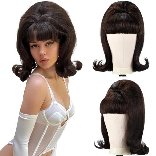LONAI Retro Brown Wig 50s 60s 70s Wig with Bangs for Women Synthetic Hair for Halloween Costume Party